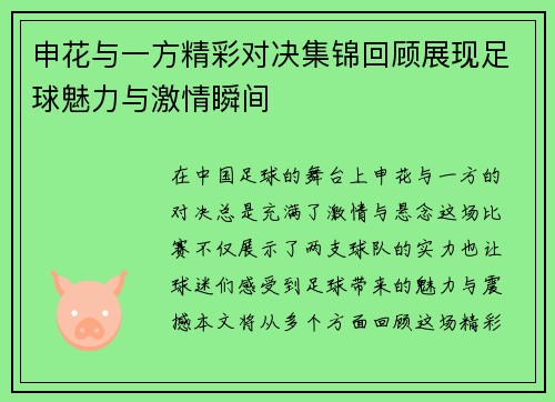 申花与一方精彩对决集锦回顾展现足球魅力与激情瞬间